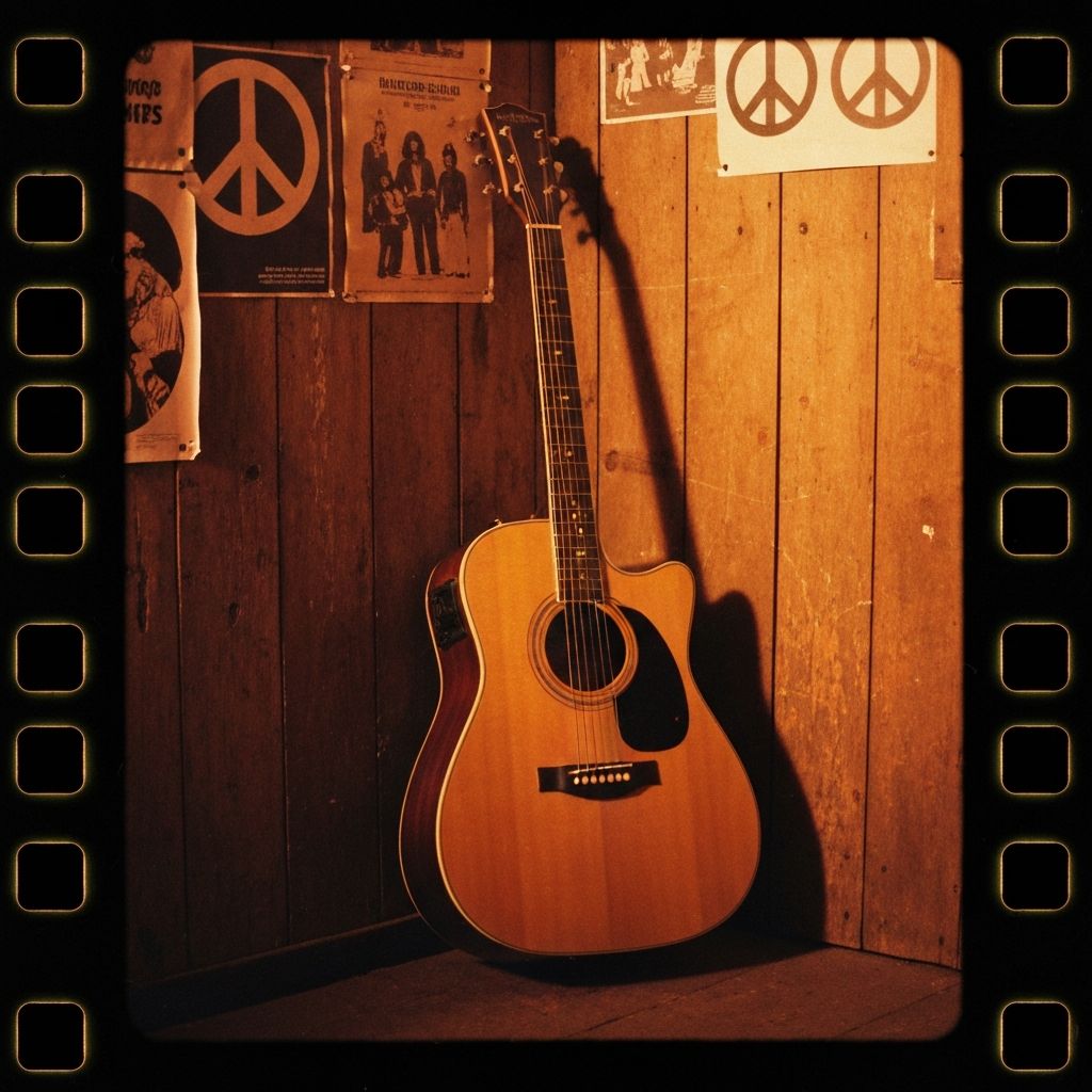 Acoustic guitar against wooden wall, 1970s folk music aesthetic