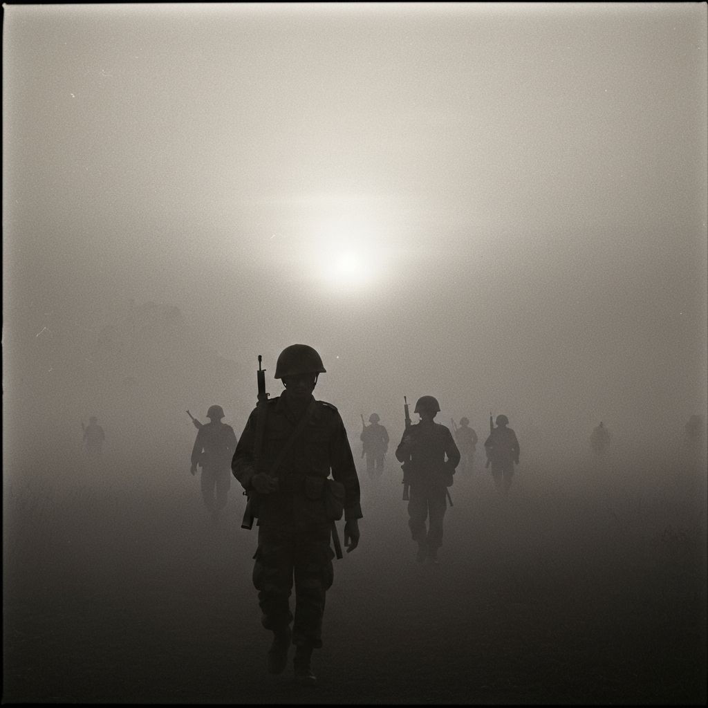 Silhouettes of soldiers in mist, Vietnam War era photography